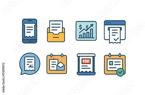 Finance and document management flat icon set. Business, invoice, pdf, and calendar icons.
