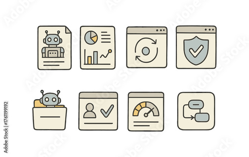 Robotics and data analysis icon set. Outline style illustrations for ai and security.