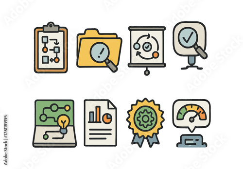 Project management icon set. Workflow, planning, and analysis icons in flat style