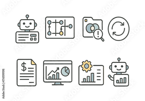 Technology and analytics line icon set. Data, robot, files, and finance icons collection