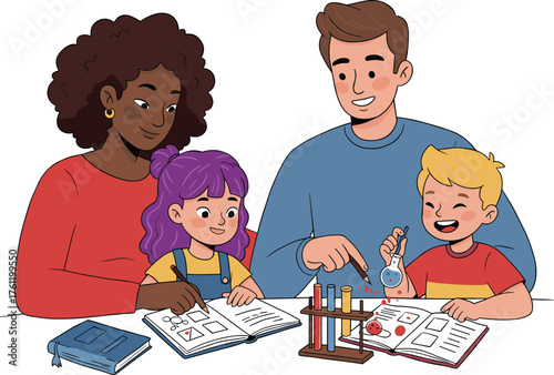 Family learning together, science experiment, workbook activity, children with parents, test tubes, beaker, education, teamwork, hands-on learning, creative classroom moment