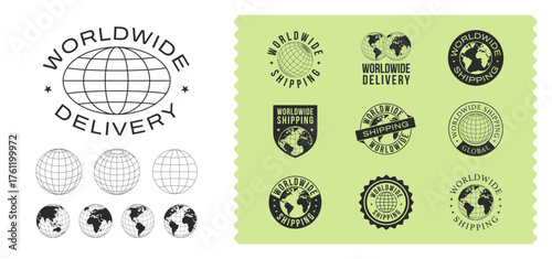 Worldwide delivery logo set. 9 World delivery emblems with wireframes, and earth globe icons. Vector illustration