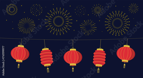 Chinese, Asian Festival vector illustration. Asian lanterns isolated with exploding fireworks on dark background. Vector illustration