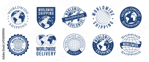 World Shipping badges, logos. Worldwide delivery logo set. Vector illustration