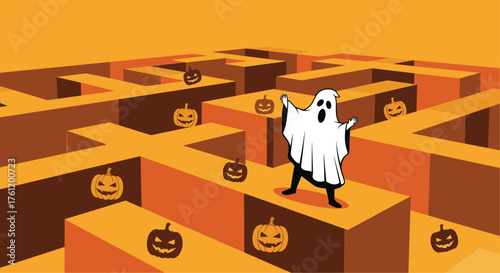 Spooky fun Halloween maze with cartoon ghost and carved pumpkins, perfect for playful designs and seasonal promotions this fall season