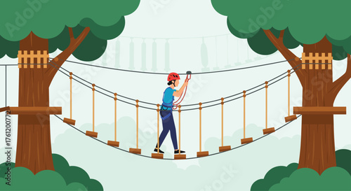 Brave adventurer conquering the heights on a challenging treetop ropes course, perfect for adventure tourism marketing and outdoor activity promotions