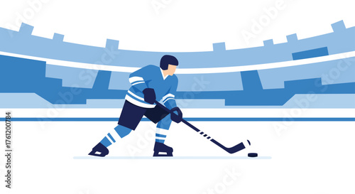 Dynamic ice hockey player skating with puck in stadium, capturing the thrill of winter sports action and athletic skill, perfect for sports marketing