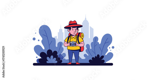 Excited tourist with camera ready for adventure in vibrant city, capturing memories and experiences for travel blog or website content