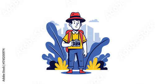 Cartoon traveler ready to capture the world with his camera, perfect for travel blog, brochure or creative tourism project designs with a city background