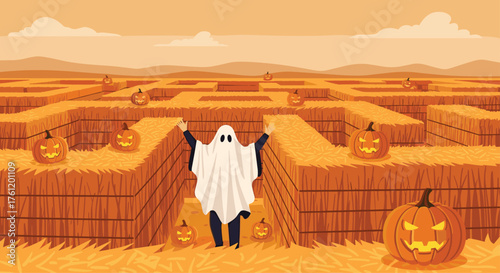 Spooky fun exploring a pumpkin patch maze with a friendly ghost in a Halloween cornfield, perfect for festive fall celebrations and playful seasonal designs