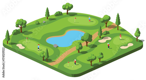 A day of golf at a vibrant, isometric golf course illustration, perfect for promoting sports and leisure activities in a playful, engaging manner