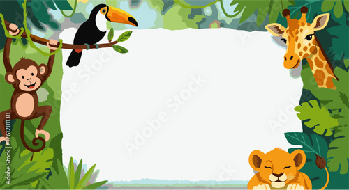 A delightful jungle-themed border with playful cartoon animals like a monkey, toucan, lion cub, and giraffe, perfect for invitations and decorations