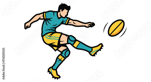 Dynamic rugby player powerfully kicking the ball with skill and precision, perfect for sports branding and energetic design projects needing action illustrations