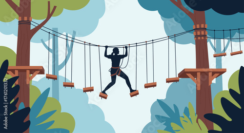 A woman navigating a vibrant rope course among lush trees, perfect for adventurous marketing campaigns
