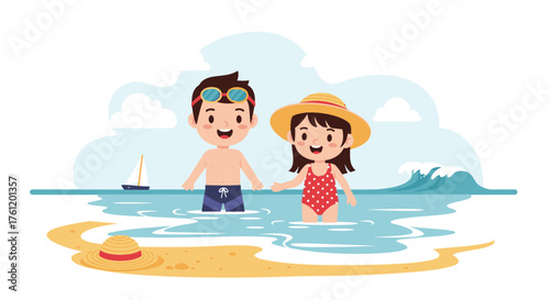 Adorable kids enjoying summer vacation at the beach with playful waves and a sailboat, perfect for family travel and happy childhood memories
