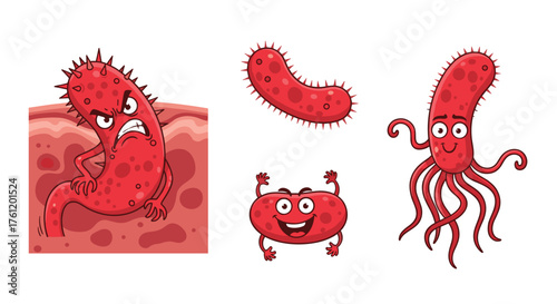 Funny cartoon bacteria characters featuring angry germ invading skin, plus happy and curious microbes for science education and healthcare awareness