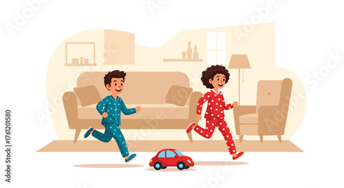 Cheerful kids in pajamas chasing each other for a fun playtime indoors, creating joyful memories and a heartwarming family scene at home