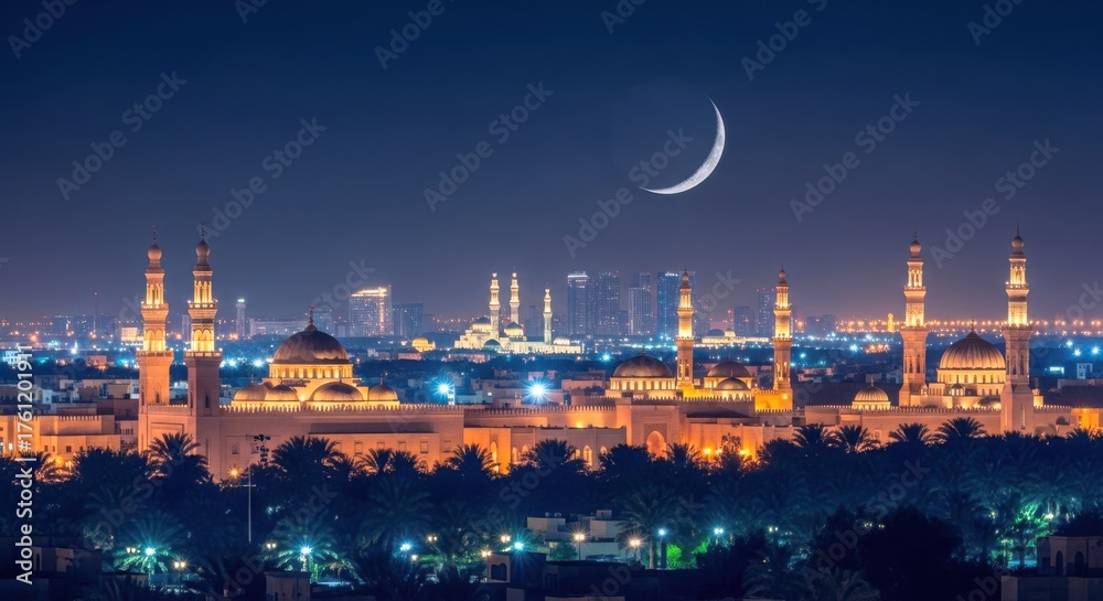 Fototapeta premium Cityscape illuminated at night with a crescent moon in the sky above