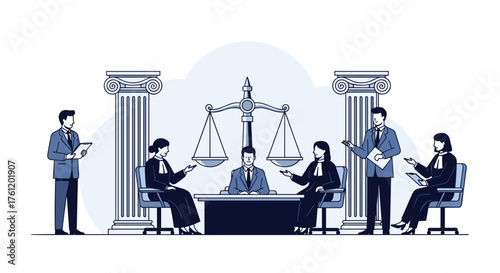 Modern court scene with judge and lawyers for legal representation needs, use this for law firms, legal services, justice system, or court settings