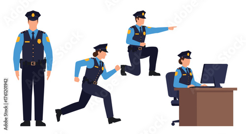 Police officers in action, including standing guard, running, pointing, and working on computer, ideal for safety or law enforcement materials