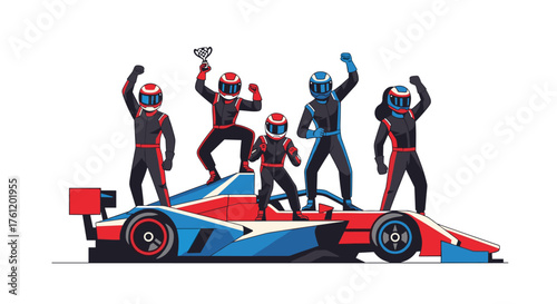 Victorious racing team celebrating championship win with trophy on modern race car, embodying teamwork, determination, and high-performance achievement