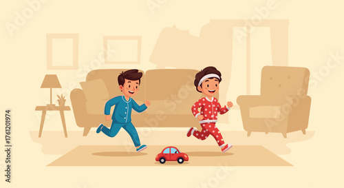Excited kids in pajamas playfully chasing a toy car in a cozy living room, bringing back childhood memories of joy and fun bedtime rituals