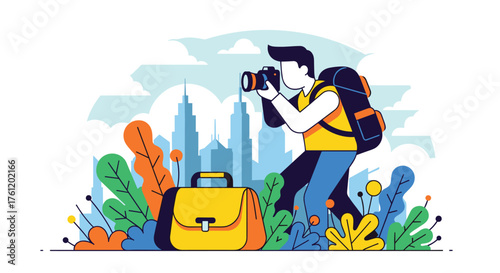 Capture travel memories with a photographer in a vibrant cityscape, ready for adventure with a stylish bag and camera - inspire wanderlust now