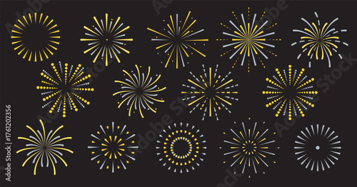 Firework Explosion Set in Yellow and Gray on Dark Background — Vector Illustration of Festive Light Bursts for Celebration and Holiday Design
