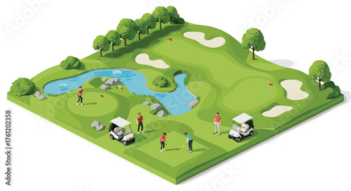 Play a round of golf with friends on a beautiful, sunny day with lush green grass and sparkling water features for a relaxing weekend getaway
