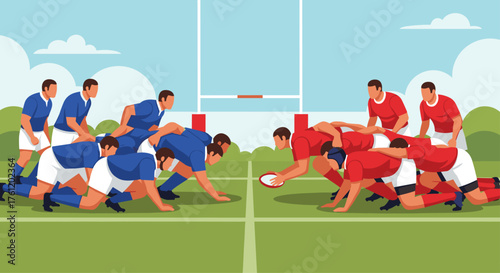 Intense rugby scrum between two teams on the field, showing teamwork and determination, perfect for sports marketing or team-building concepts
