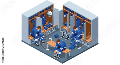 Hockey team preparing in the locker room with uniforms, equipment, and sticks for game day, capturing the anticipation of the sport's intensity