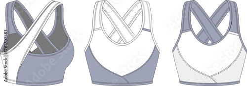 Sports bra technical sketch, front back side view, crisscross strap design, athletic wear, garment construction, flat vector illustration