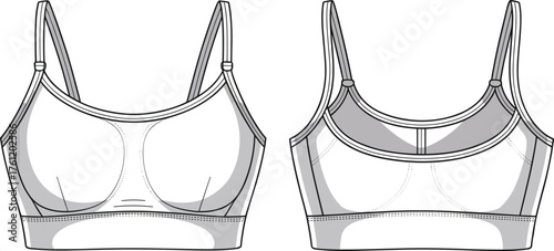 Sports bra technical sketch, front and back view, adjustable straps, racerback design, flat vector illustration, fashion apparel template, activewear