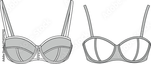 Underwire bra technical sketch, lingerie design front view, structured cups, adjustable straps, fashion flat, garment construction, seamless panel detailing