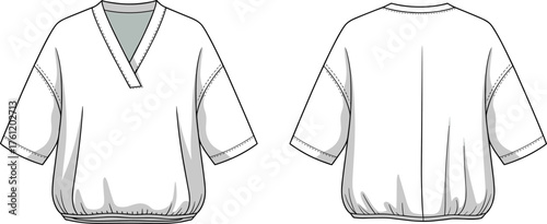 V-neck top, short sleeve blouse, front and back view, elastic hem, fashion sketch, garment flat, technical vector illustration
