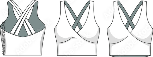 Women’s sports bra technical sketch, crisscross strap design, front back side view, fashion flat drawing, apparel template, vector illustration
