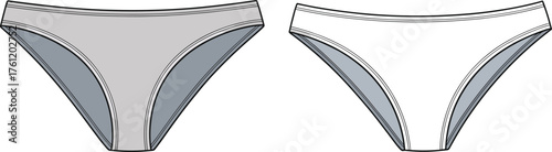 Women's bikini underwear design, gray and white color, side panel detail, fashion garment mockup, front view, flat vector illustration