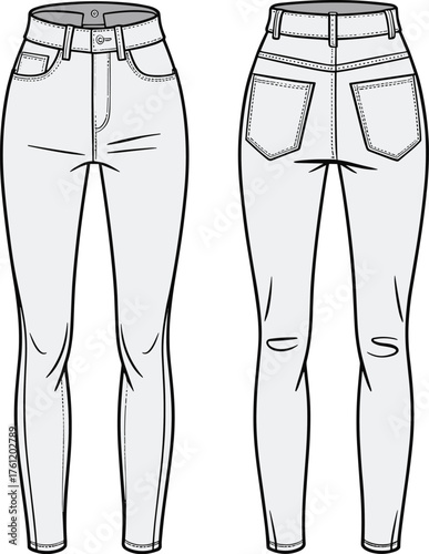 Women's skinny jeans technical fashion sketch, front and back view, high waist denim pants, apparel design, flat vector illustration