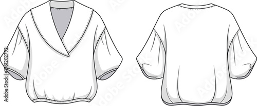 Women's top, puff sleeve blouse, shawl collar, V-neck, elastic hem, fashion sketch, apparel flat, garment design, technical illustration, flat vector illustration