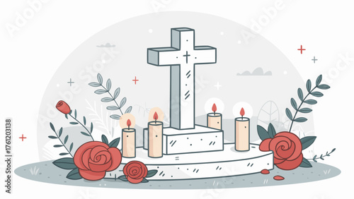 Christian memorial graphic featuring cross candles and roses for remembrance and religious themes design
