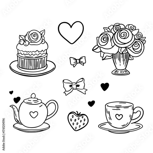 Vector illustration of hand-drawn flirty elements for Valentine's Day, Cute bows, hearts, ribbons, flowers, angels, cupids cake, heart-shaped frame.