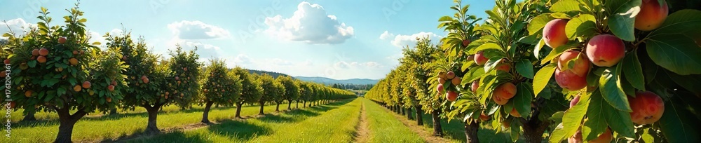 Fototapeta premium Sun-Drenched Peach Orchard in Full Bloom Ripe Fruit Hanging Heavy on Branches, a Picturesque Summer Scene of Rows of Trees Stretching to the Horizon Under a Clear Blue Sky