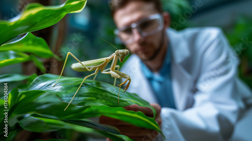 Defocused entomologist in lab coat with sharp focused pale mantid insect on vibrant green leaf in foreground, with copy space