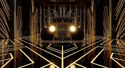 Vintage black car in a modern art deco room with sparkling golden lights. Concept of elegance, celebration, and luxury.