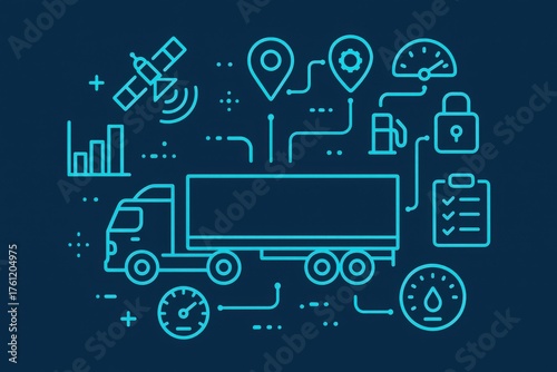 Advanced logistics management visualization featuring a truck equipped with tracking technology showcasing satellite communication and fuel metrics in a modern logistics ecosystem