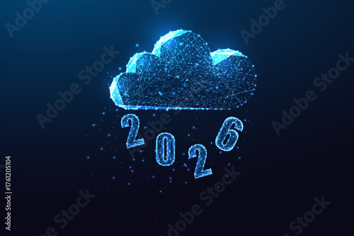 2026 New Year cloud technology and digital data concept in glowing low poly blue vector illustration
