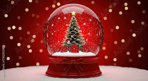 Magical Christmas snow globe with a decorated tree and poinsettias against a red bokeh background. Festive holiday souvenir.