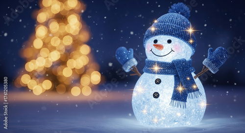Magical glowing crystal snowman in a blue hat and scarf at night with a festive bokeh Christmas tree.