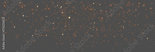 Golden glitter background. Christmas particles with magic light. Soft luxury design. Overlay warm dust effect. Festive gold sparks and bokeh. Elegant decoration template. Vector illustration.