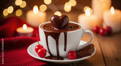 A romantic cup of hot chocolate with a chocolate heart, cherries, and candles. A cozy and sweet dessert for Valentine's Day or a winter evening.